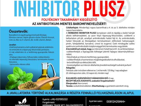 Herbamix Inhibitor Plusz 5 literes oldat 3 hetes kortól idősebb baromfiállományok,  hízósertések és hízónyulak bélbolyhainak védelmére,  a testtömeg-gyarapodás fokozására